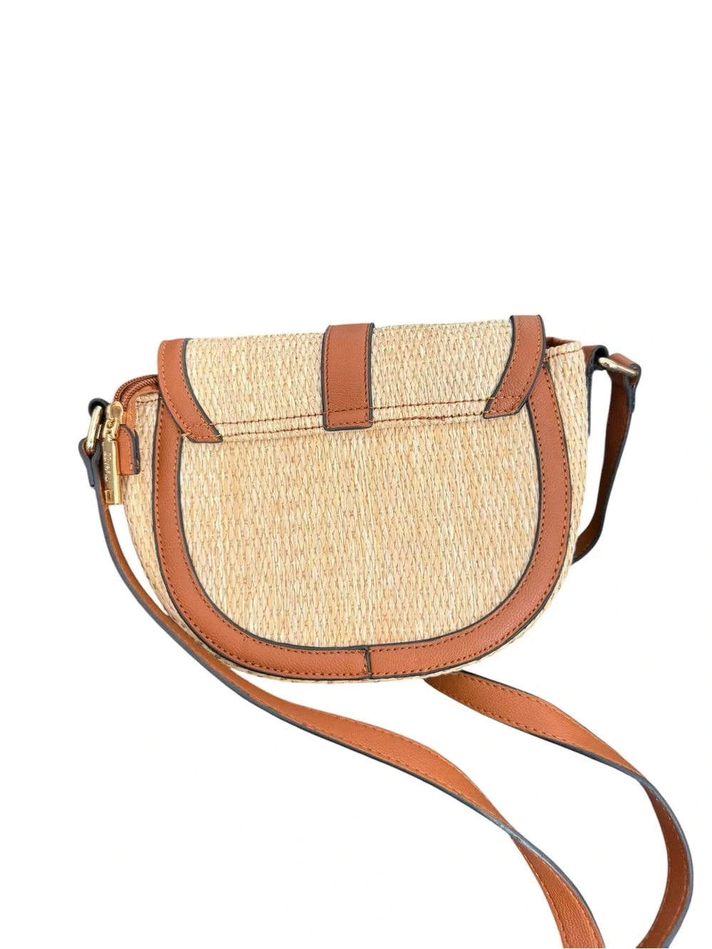 Woven Straw Crossbody Bag with Tan Leather Trim
